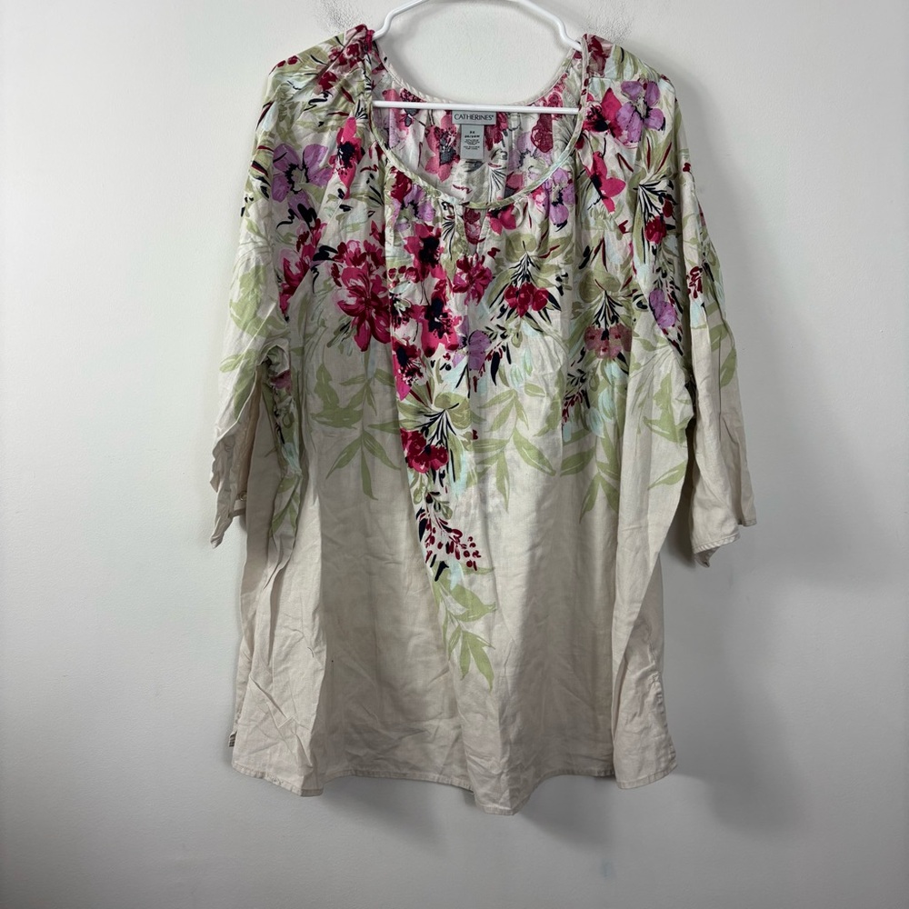 Catherine’s Linen Blend Blouse Women’s 3X Minimal Floral Pattern Casual Comfort